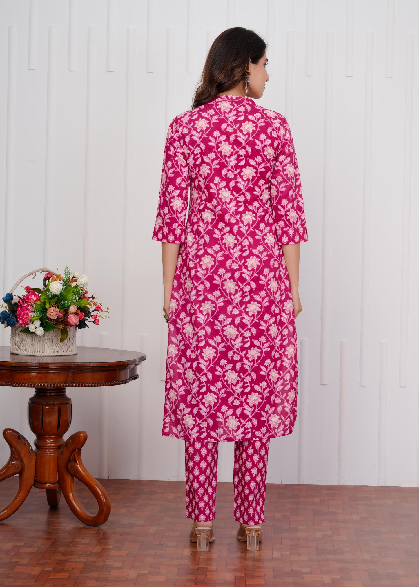Cotton Printed Straight Pink Kurta Set With Dupatta