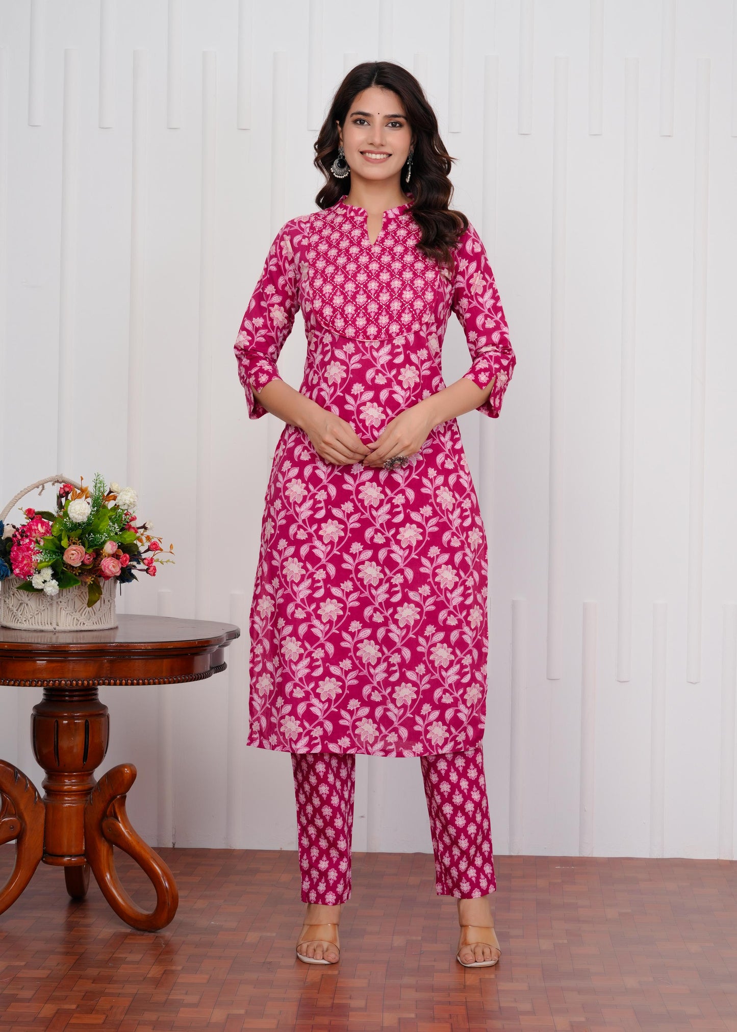 Cotton Printed Straight Pink Kurta Set With Dupatta