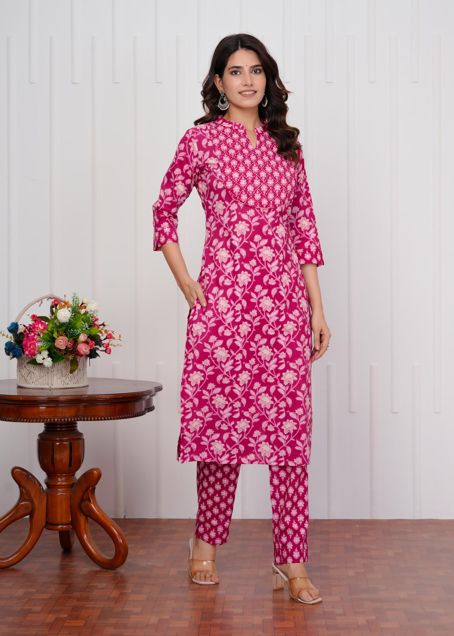 Cotton Printed Straight Pink Kurta Set With Dupatta