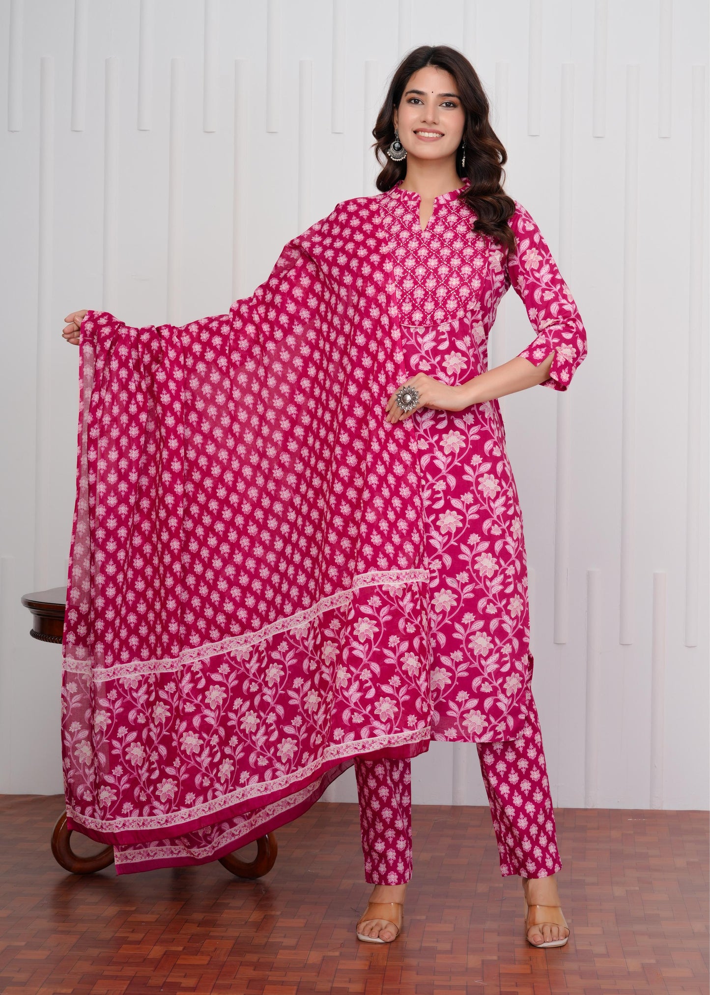 Cotton Printed Straight Pink Kurta Set With Dupatta