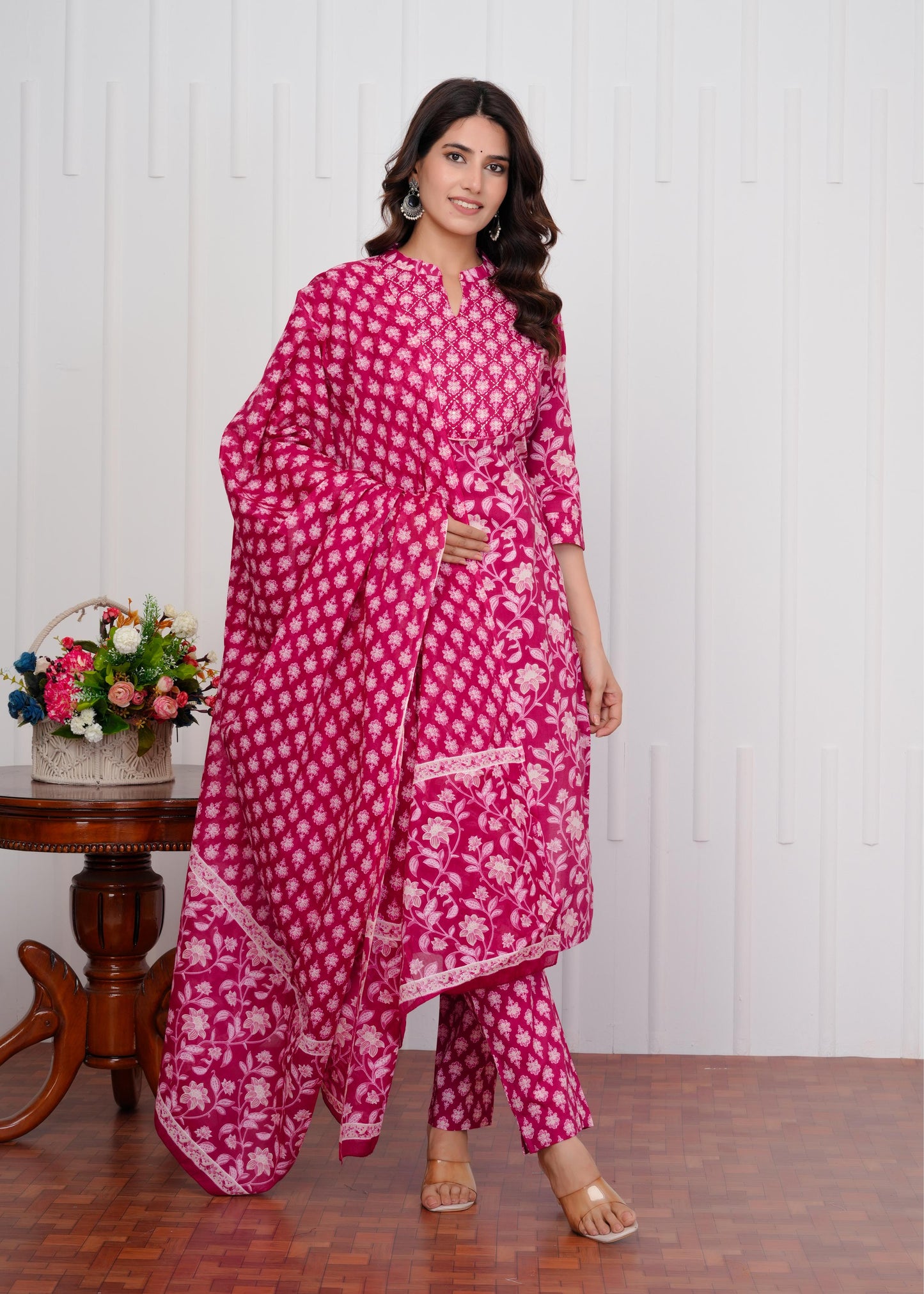 Cotton Printed Straight Pink Kurta Set With Dupatta