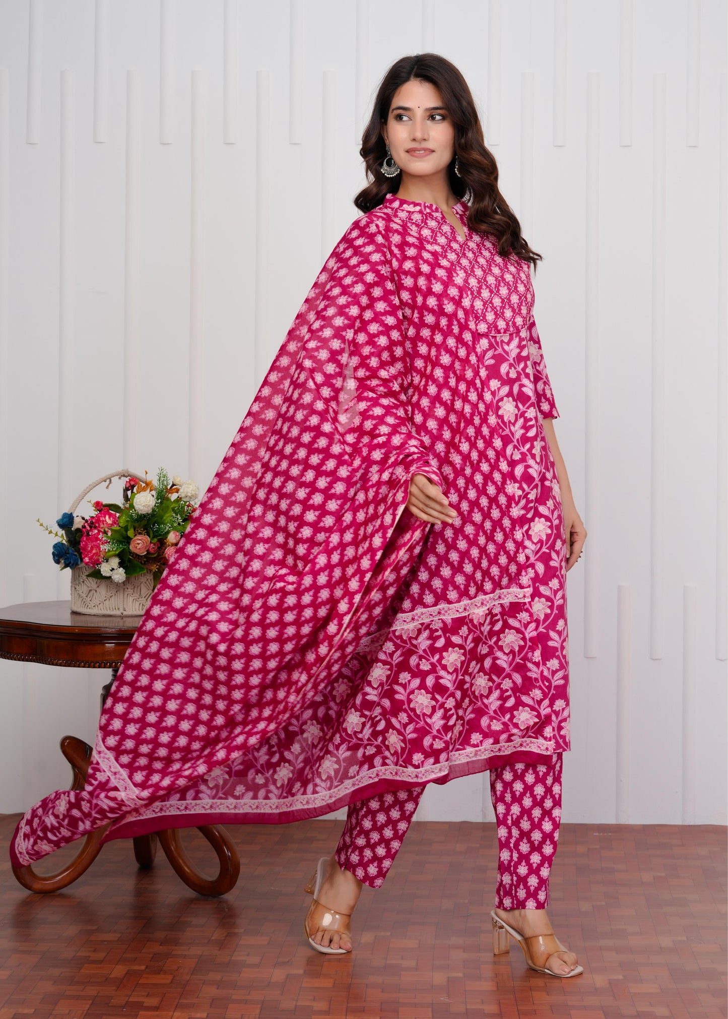 Cotton Printed Straight Pink Kurta Set With Dupatta