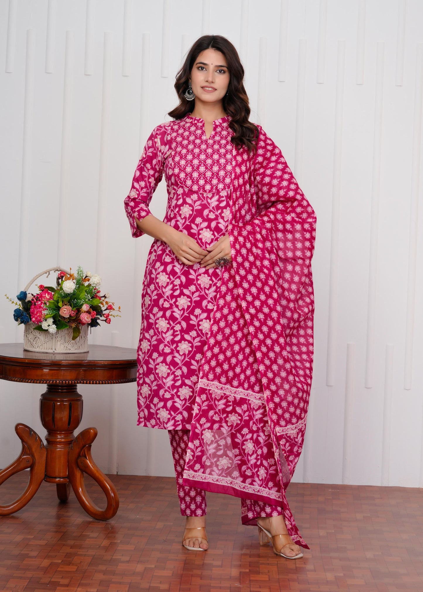 Cotton Printed Straight Pink Kurta Set With Dupatta