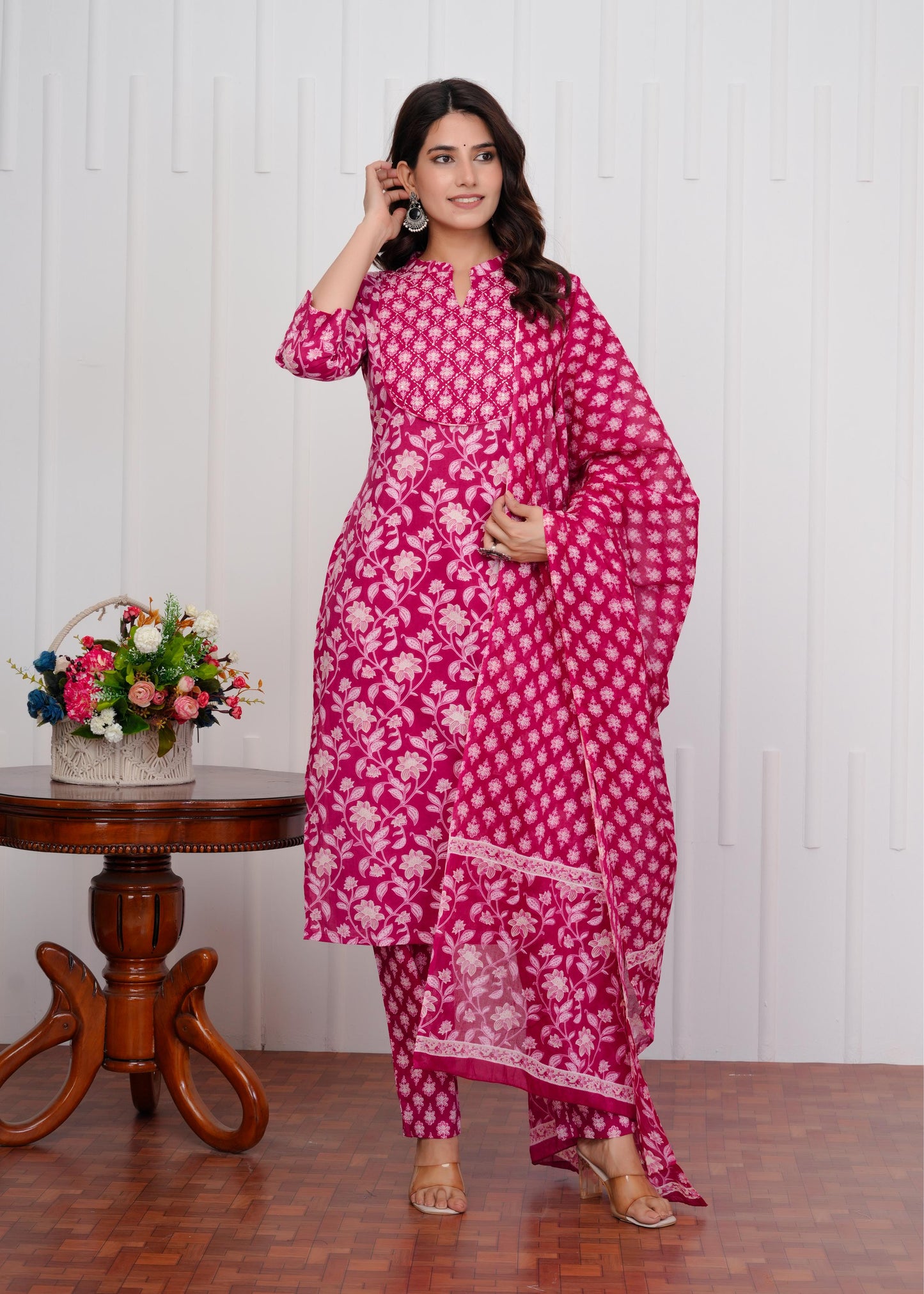 Cotton Printed Straight Pink Kurta Set With Dupatta