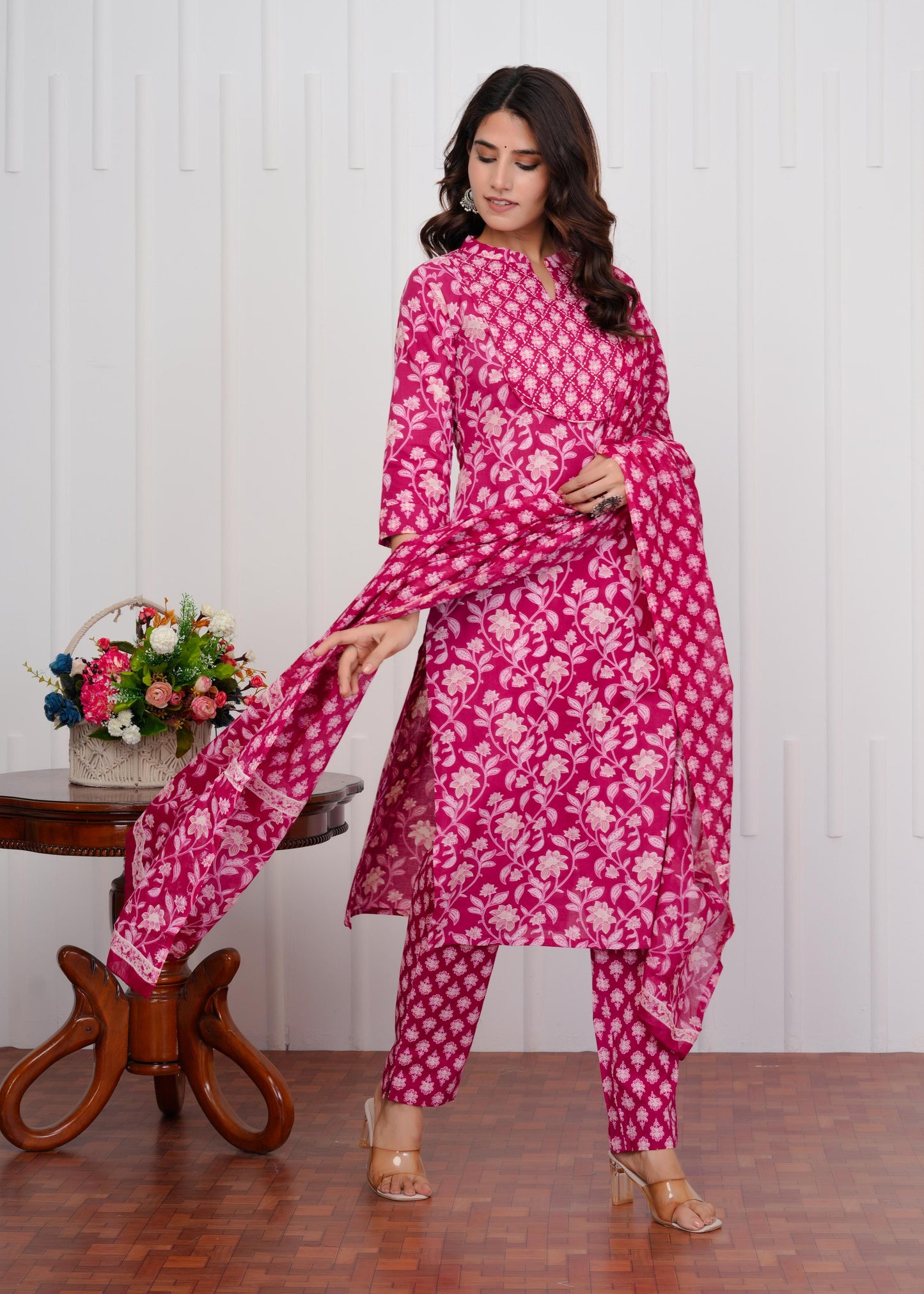 Cotton Printed Straight Pink Kurta Set With Dupatta