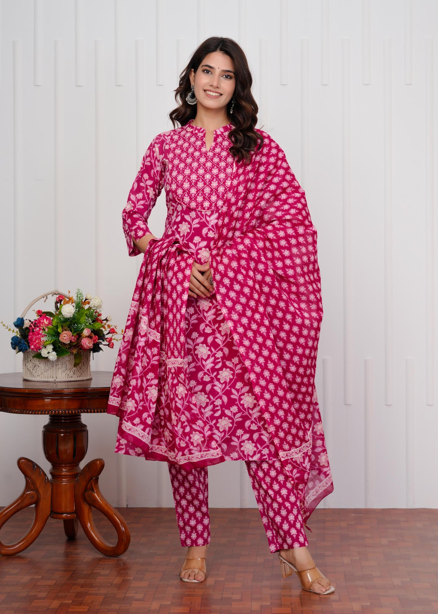 Cotton Printed Straight Pink Kurta Set With Dupatta