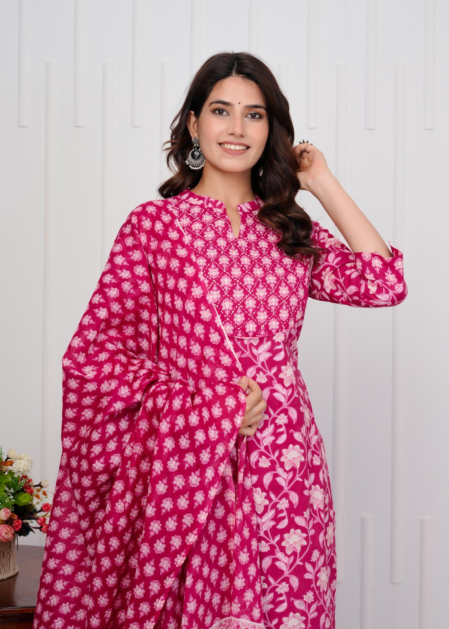 Cotton Printed Straight Pink Kurta Set With Dupatta