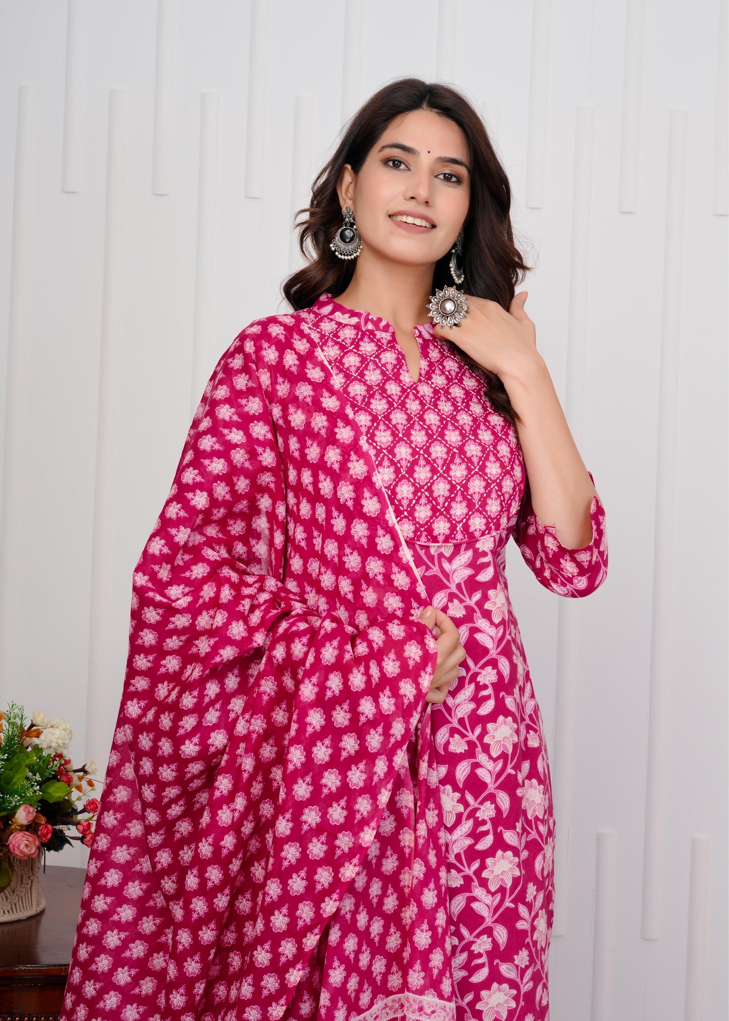 Cotton Printed Straight Pink Kurta Set With Dupatta