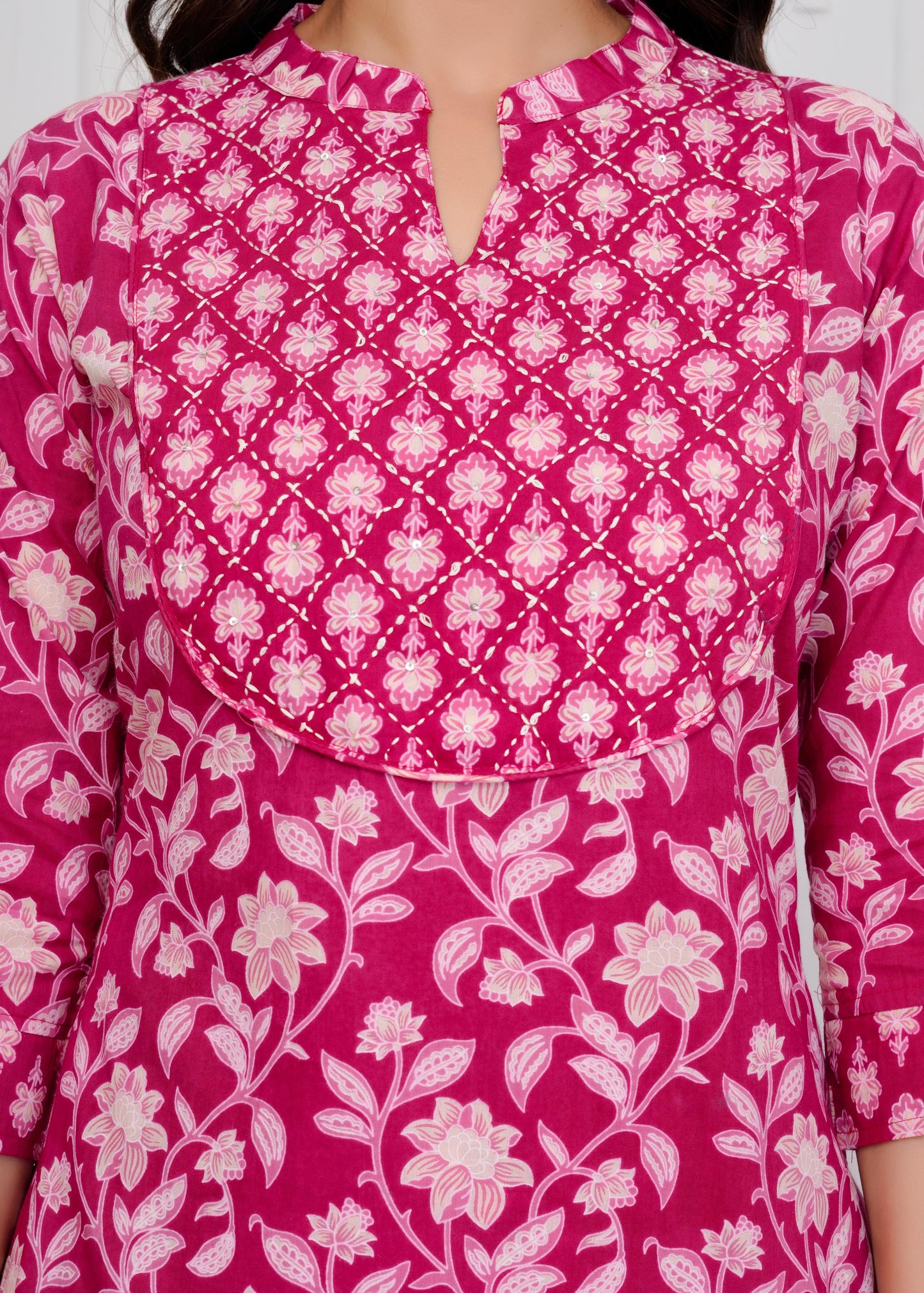 Cotton Printed Straight Pink Kurta Set With Dupatta