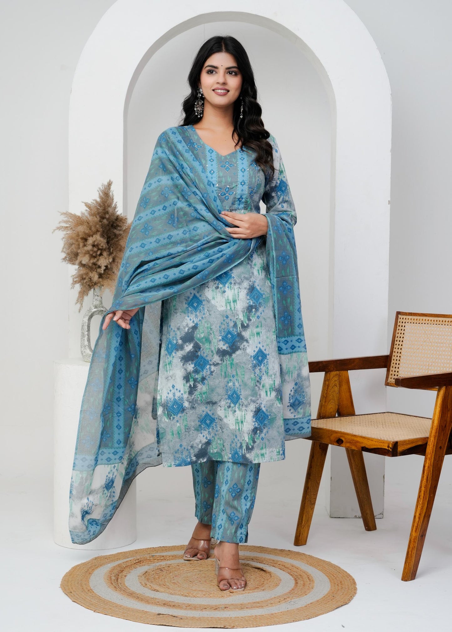 Cotton Floral Printed Straight Kurta Set With Dupatta