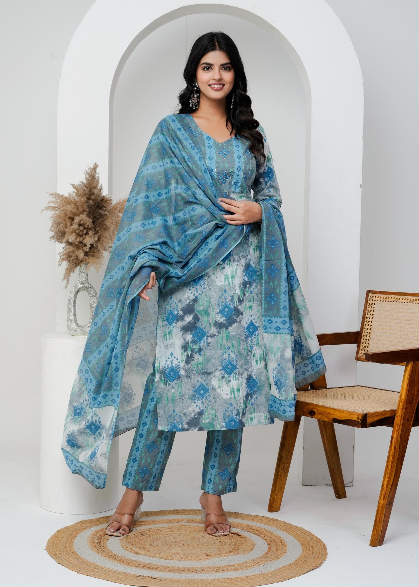Cotton Floral Printed Straight Kurta Set With Dupatta