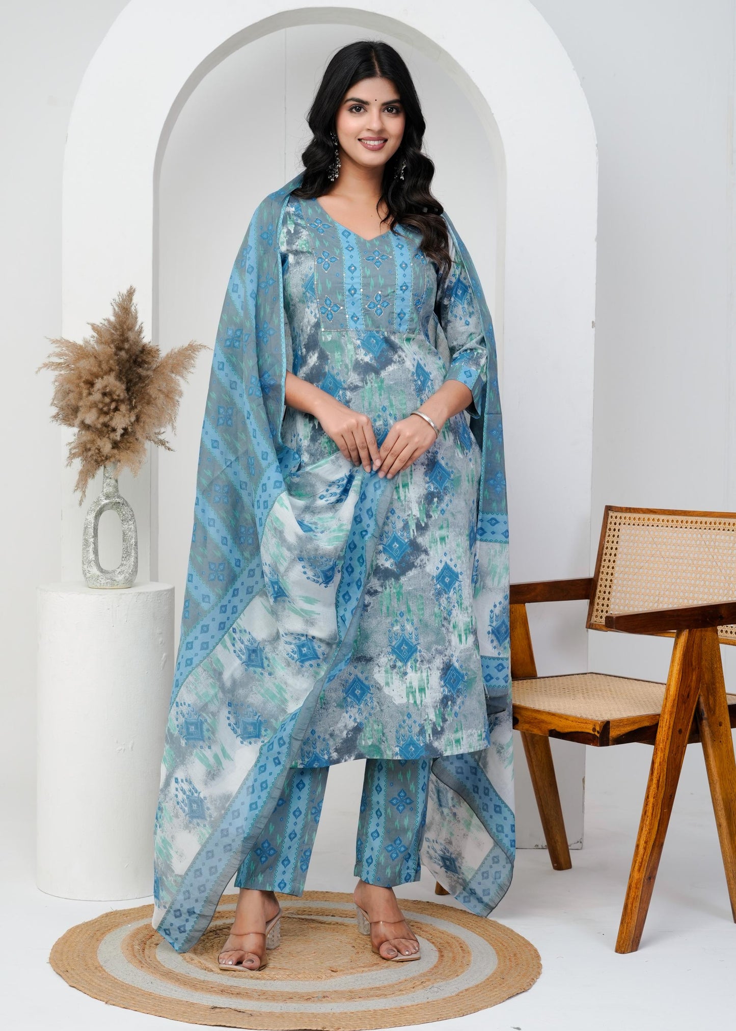 Cotton Floral Printed Straight Kurta Set With Dupatta