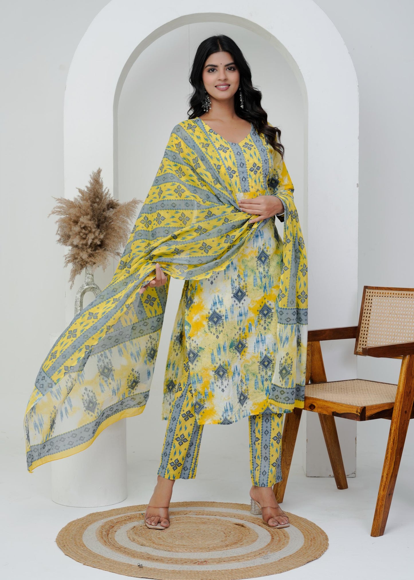 Cotton Floral Printed Straight Kurta Set With Dupatta