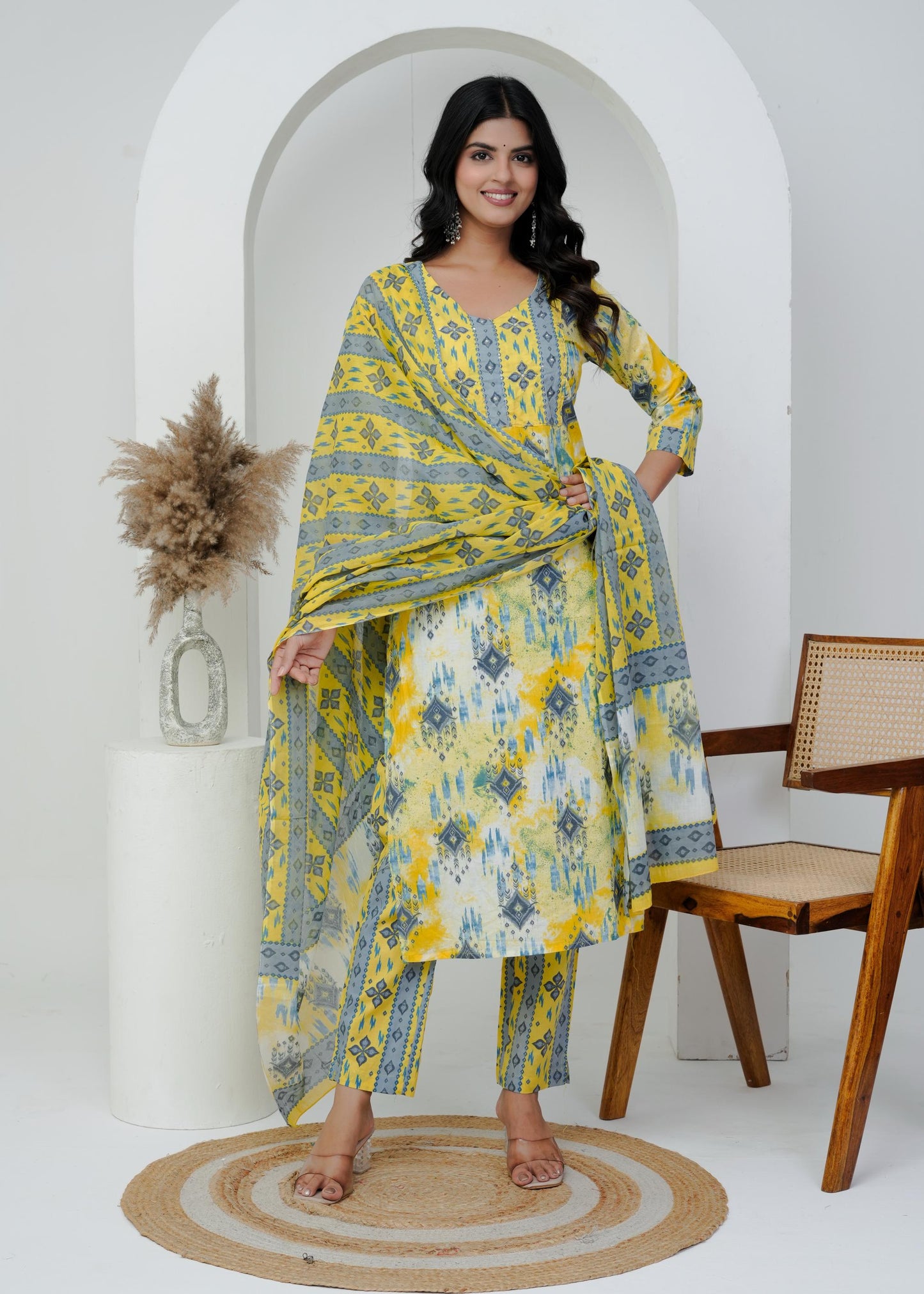 Cotton Floral Printed Straight Kurta Set With Dupatta
