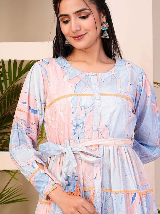 Floral Printed Puffed Sleeves Cotton Fit and Flare Midi Dress