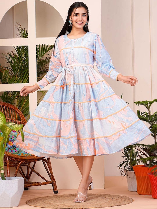 Floral Printed Puffed Sleeves Cotton Fit and Flare Midi Dress