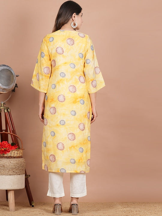 Geometric Printed V-Neck Flared Sleeves Silk Straight Kurta