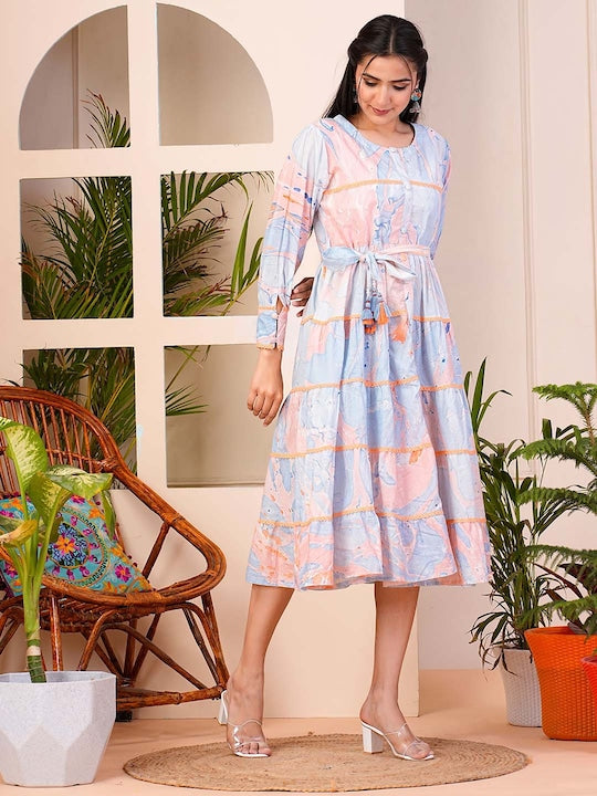 Floral Printed Puffed Sleeves Cotton Fit and Flare Midi Dress