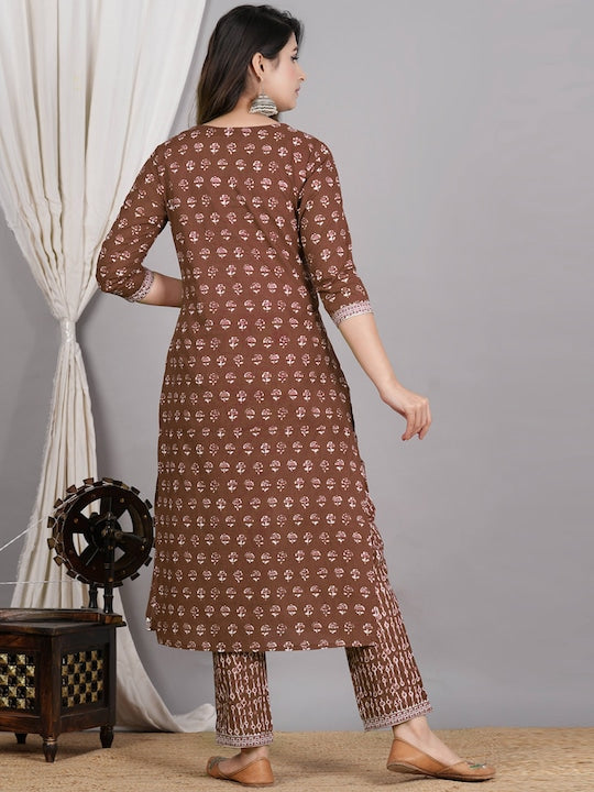 Women Ethnic Motifs Printed Regular Gotta Patti Pure Cotton Old Copper Kurta Set
