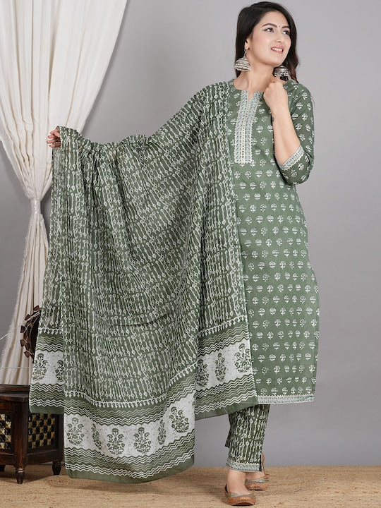 Women Floral Printed Regular Pure Cotton Kurta With Trousers & Dupatta