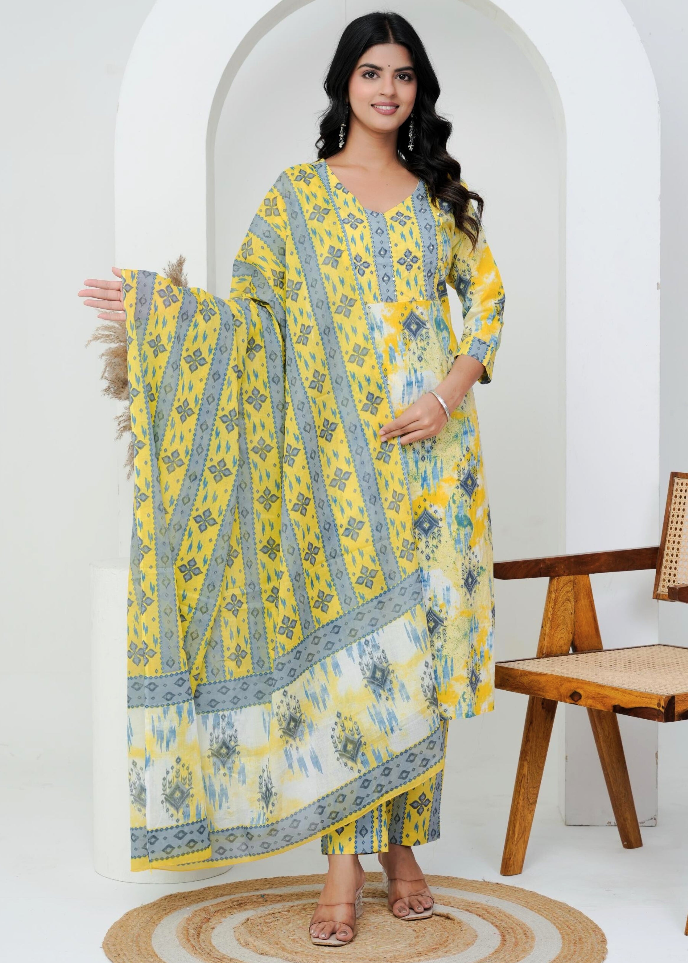Cotton Floral Printed Straight Kurta Set With Dupatta