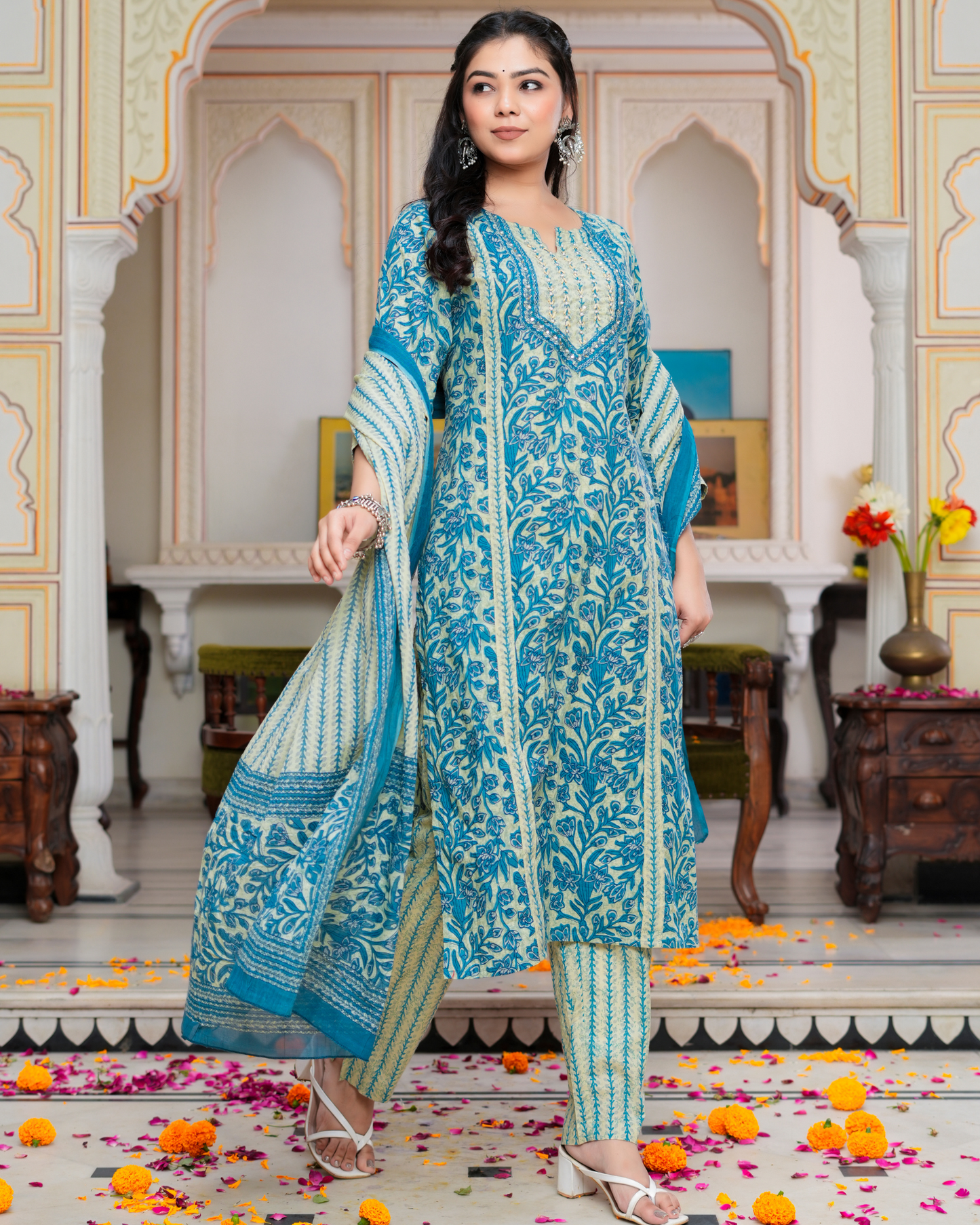 Blue Floral Printed Kurta With Printed Trouser & Dupatta