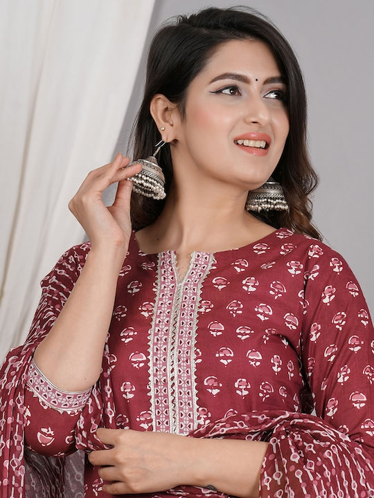 Ethnic Motifs Printed Gotta Patti Pure Cotton Straight Kurta & Trouser With Dupatta