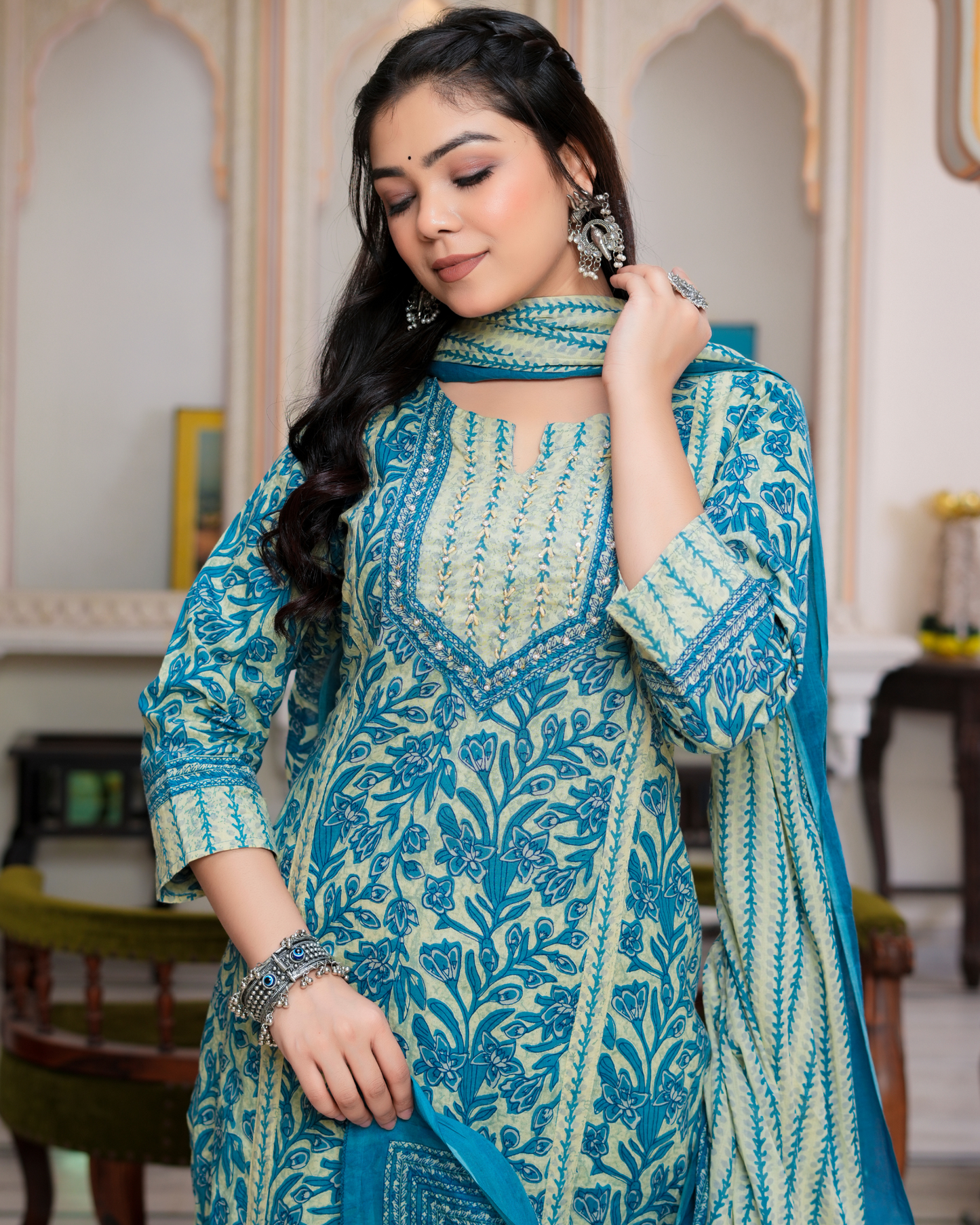 Blue Floral Printed Kurta With Printed Trouser & Dupatta