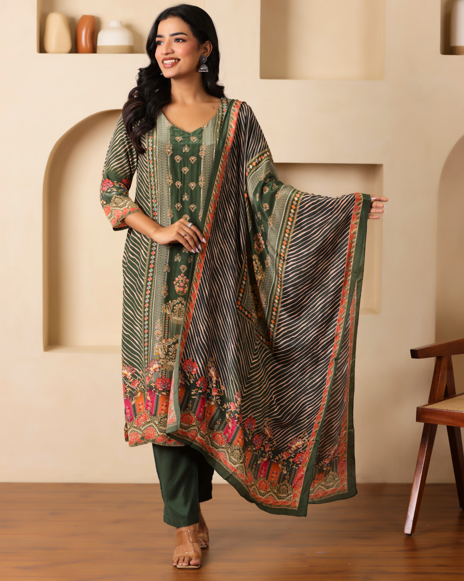 Green Natural Silk Printed Kurta with Trousers with Dupatta