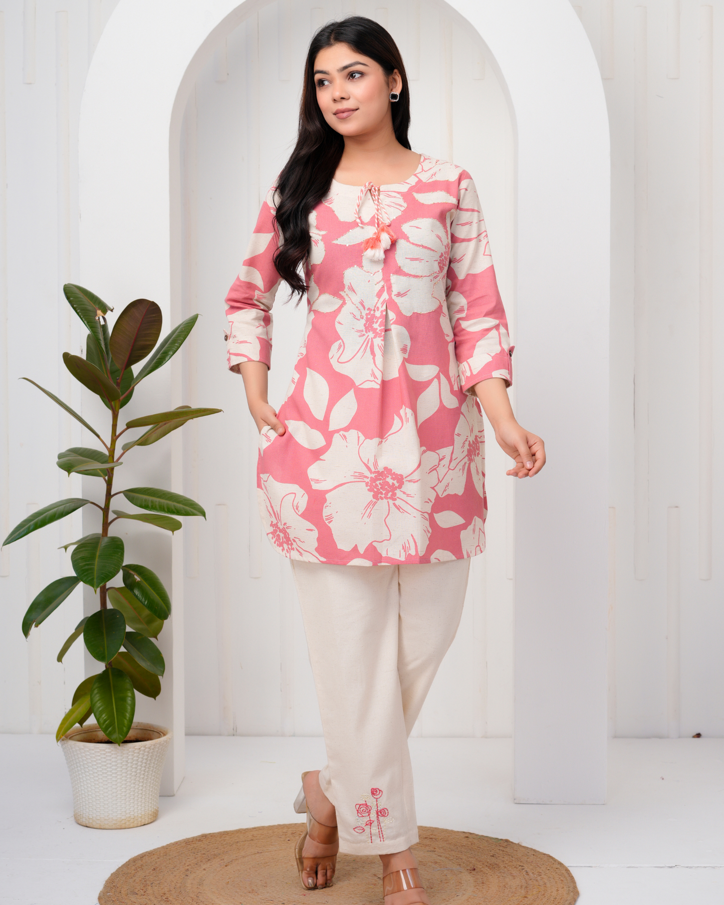 Women's Round Neck, Printed Pink Co-Ord Set, Night Suit Set