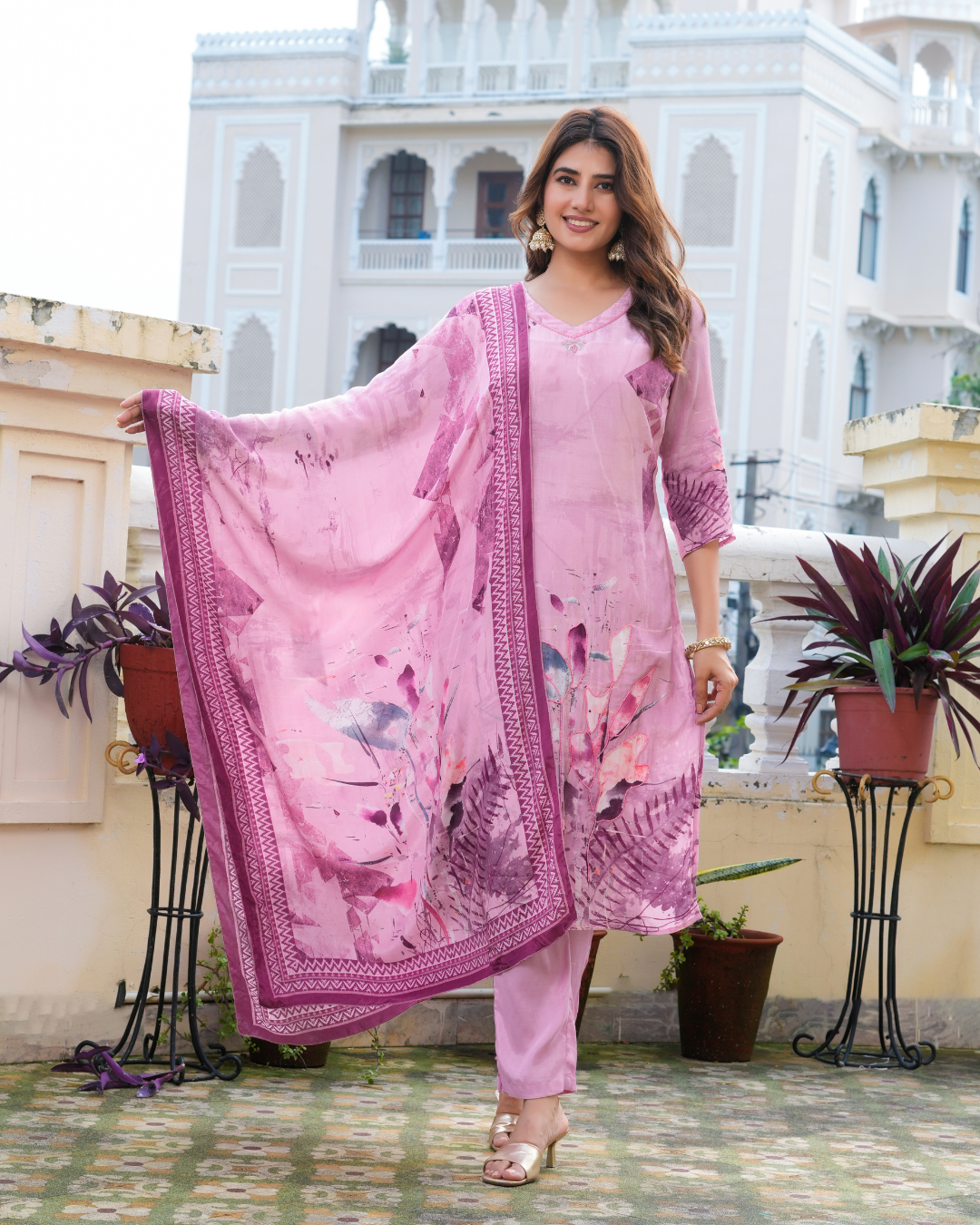 Pink Natural Silk Printed Kurta with Trousers with Dupatta