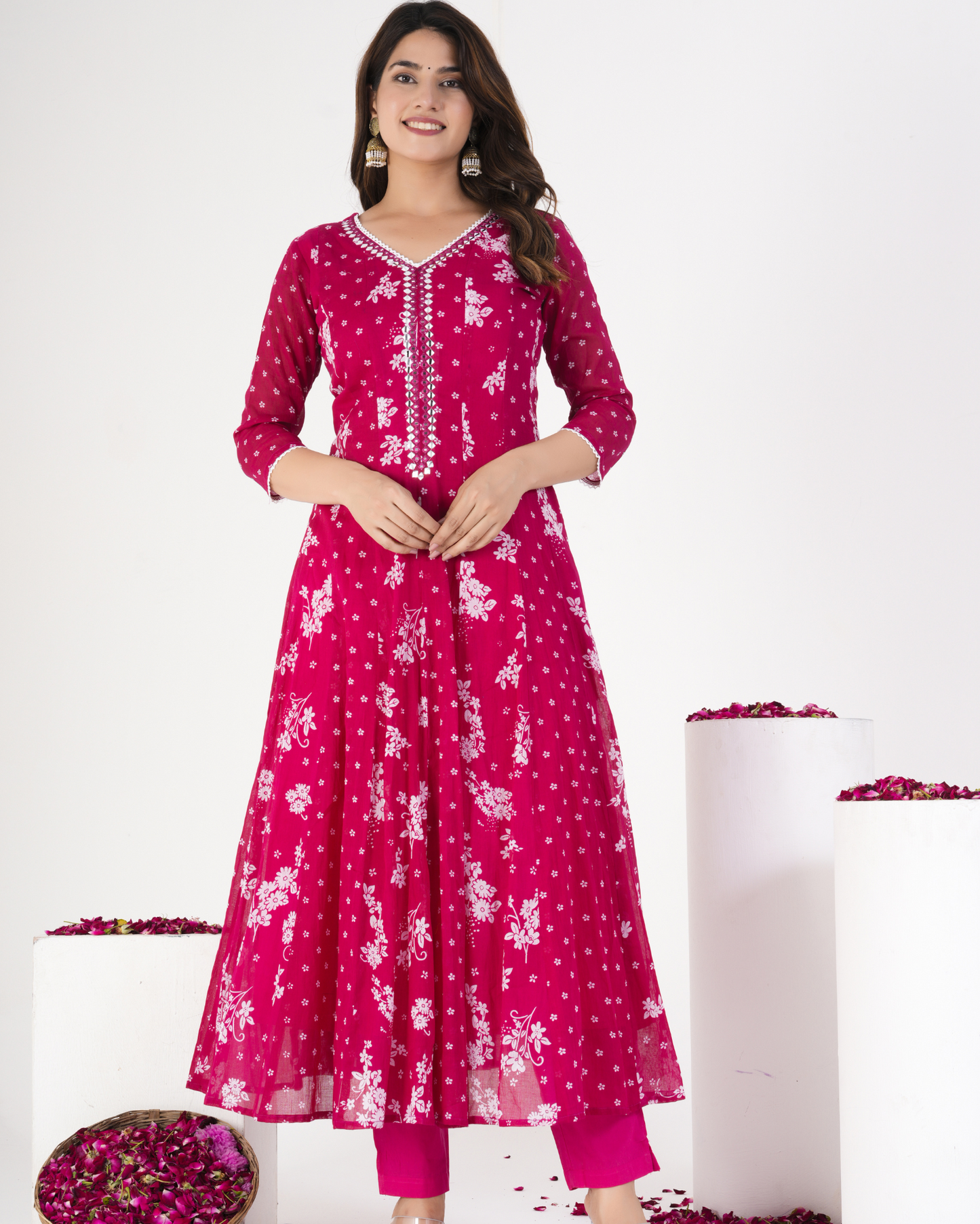 Pink Floral Printed Kurta With Solid Trousers