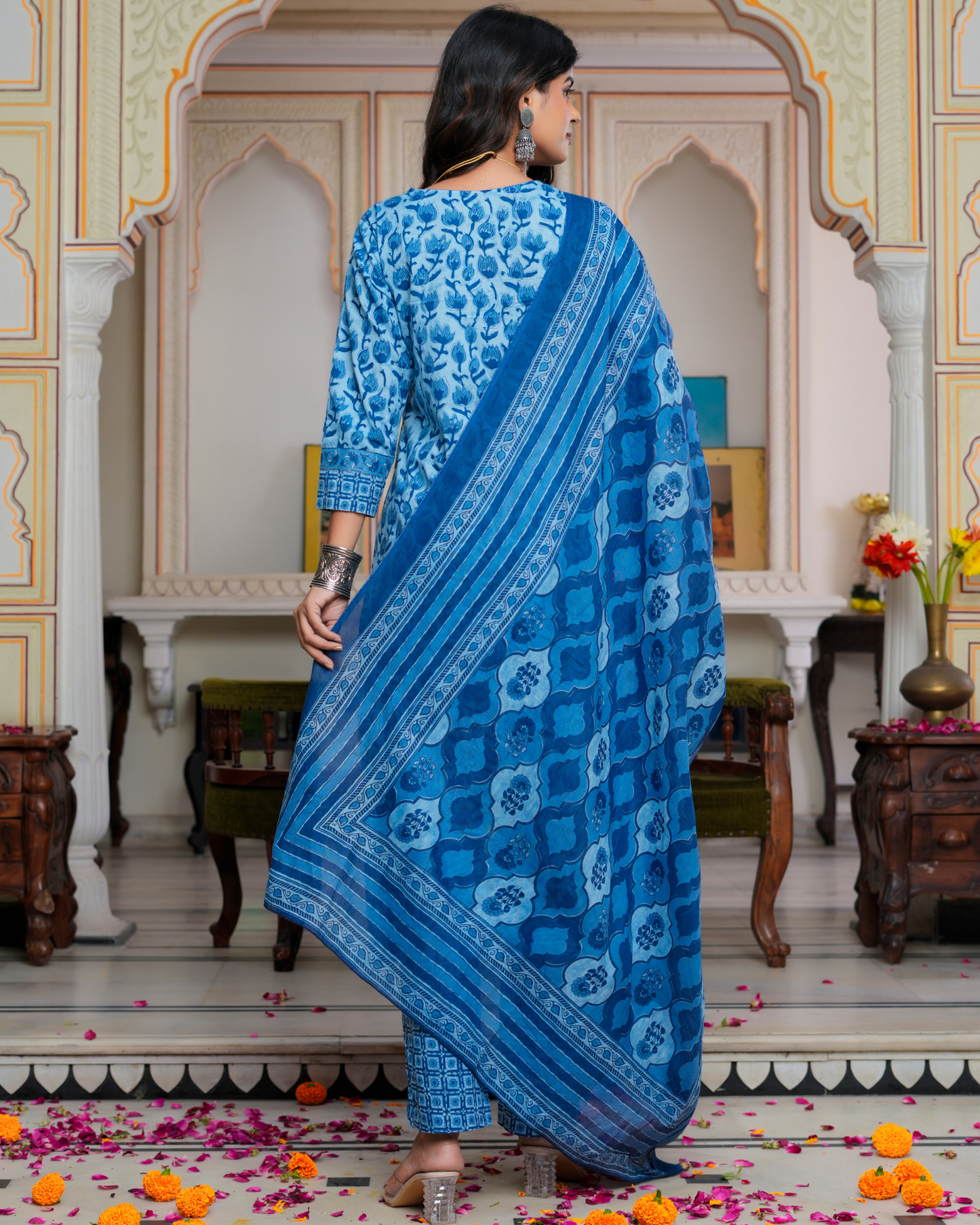 Blue Floral Printed Kurta With Printed Trouser & Dupatta