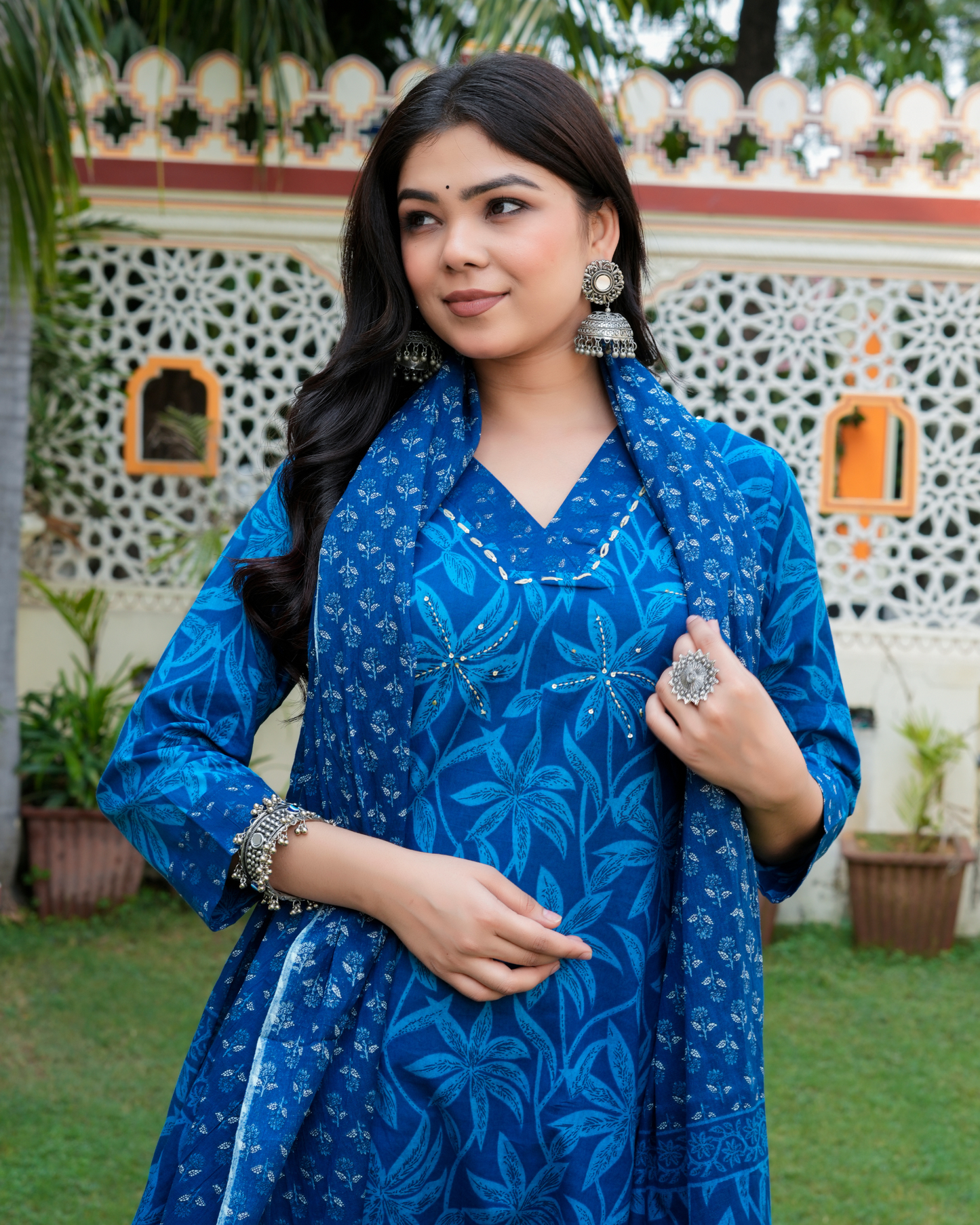 Blue Floral Printed Kurta With Printed Trouser & Dupatta