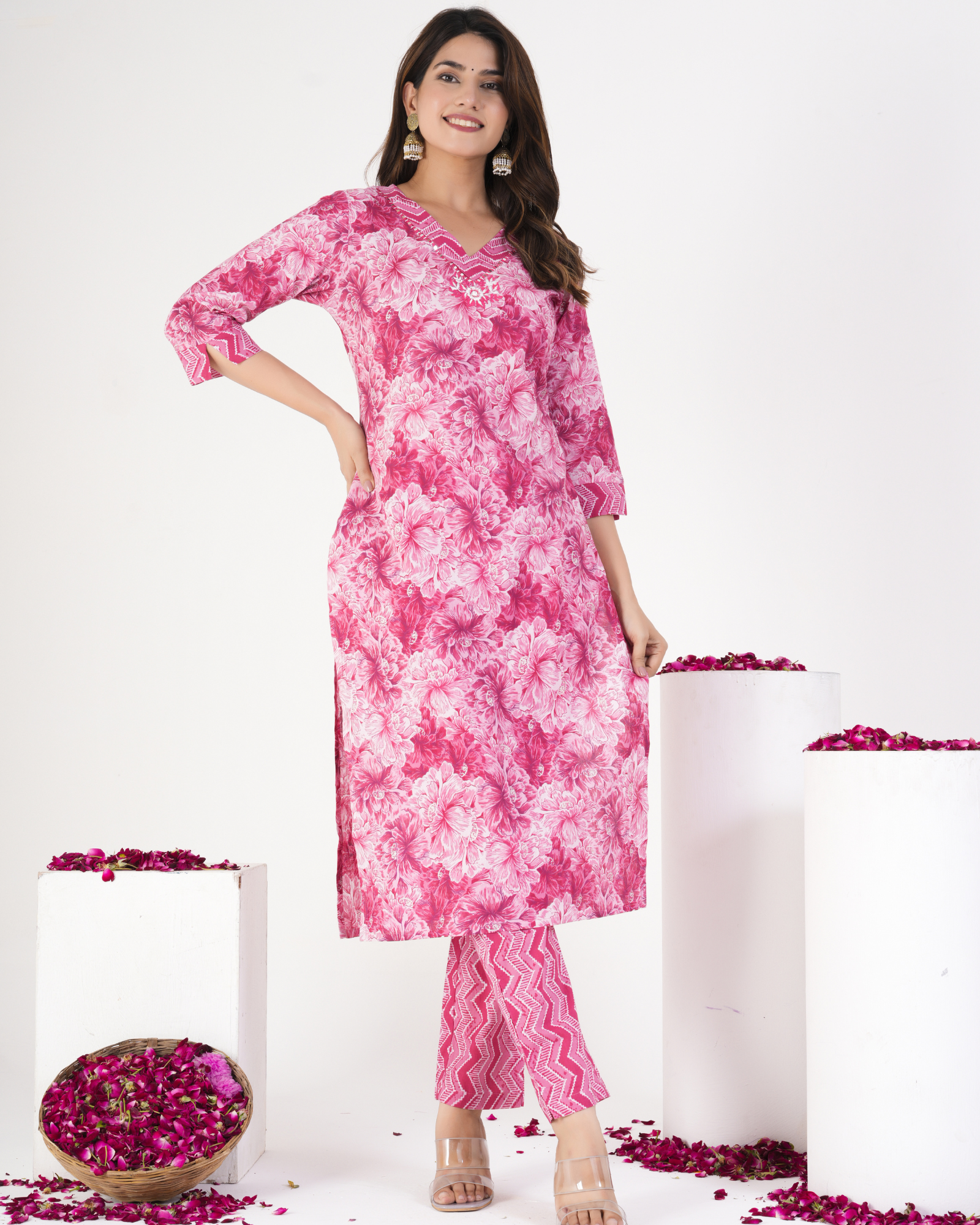 Pink Floral Printed Kurta & Trousers