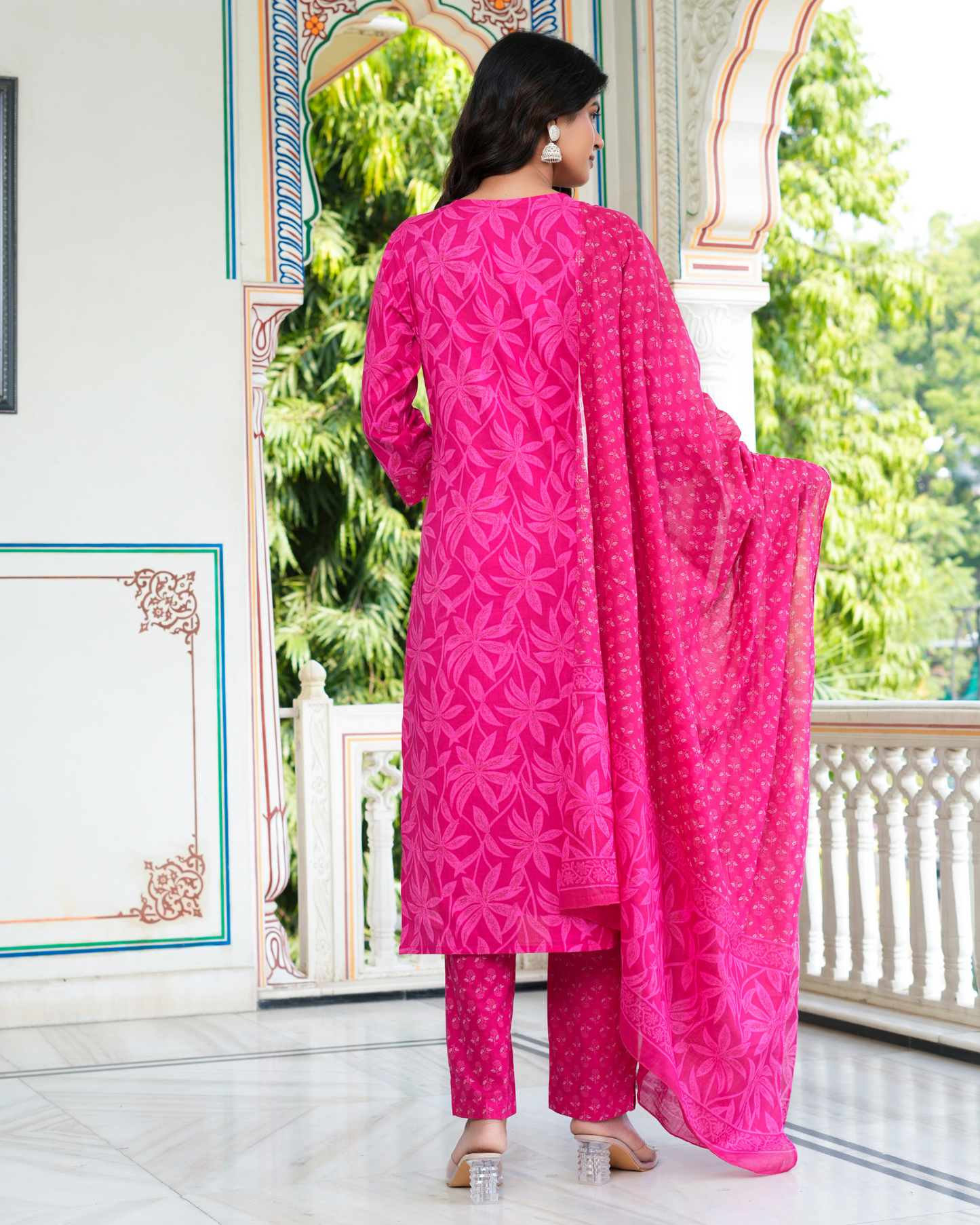 Pink Floral Printed Kurta With Printed Trouser & Dupatta