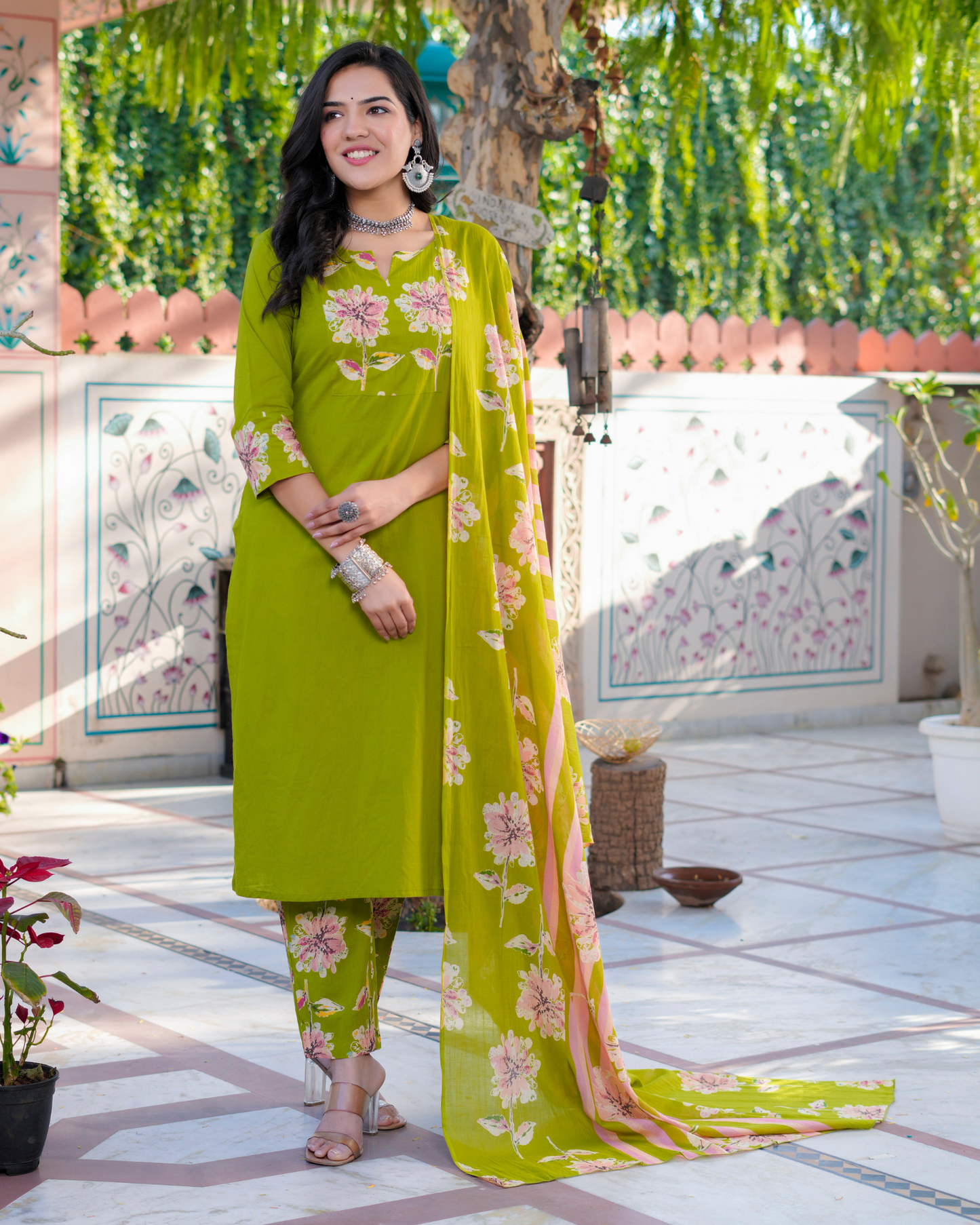 Cotton Printed Straight Green Kurta Set With Dupatta