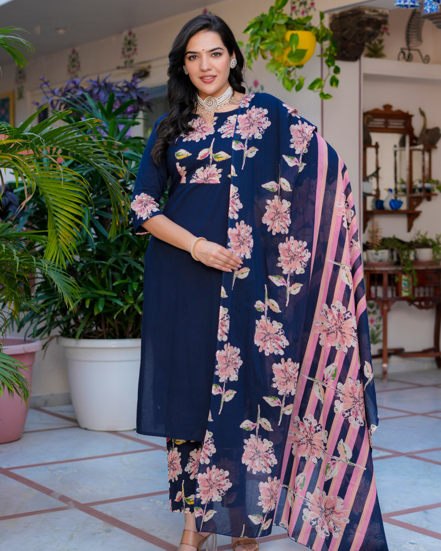 Cotton Printed Straight Navy Blue Kurta Set With Dupatta