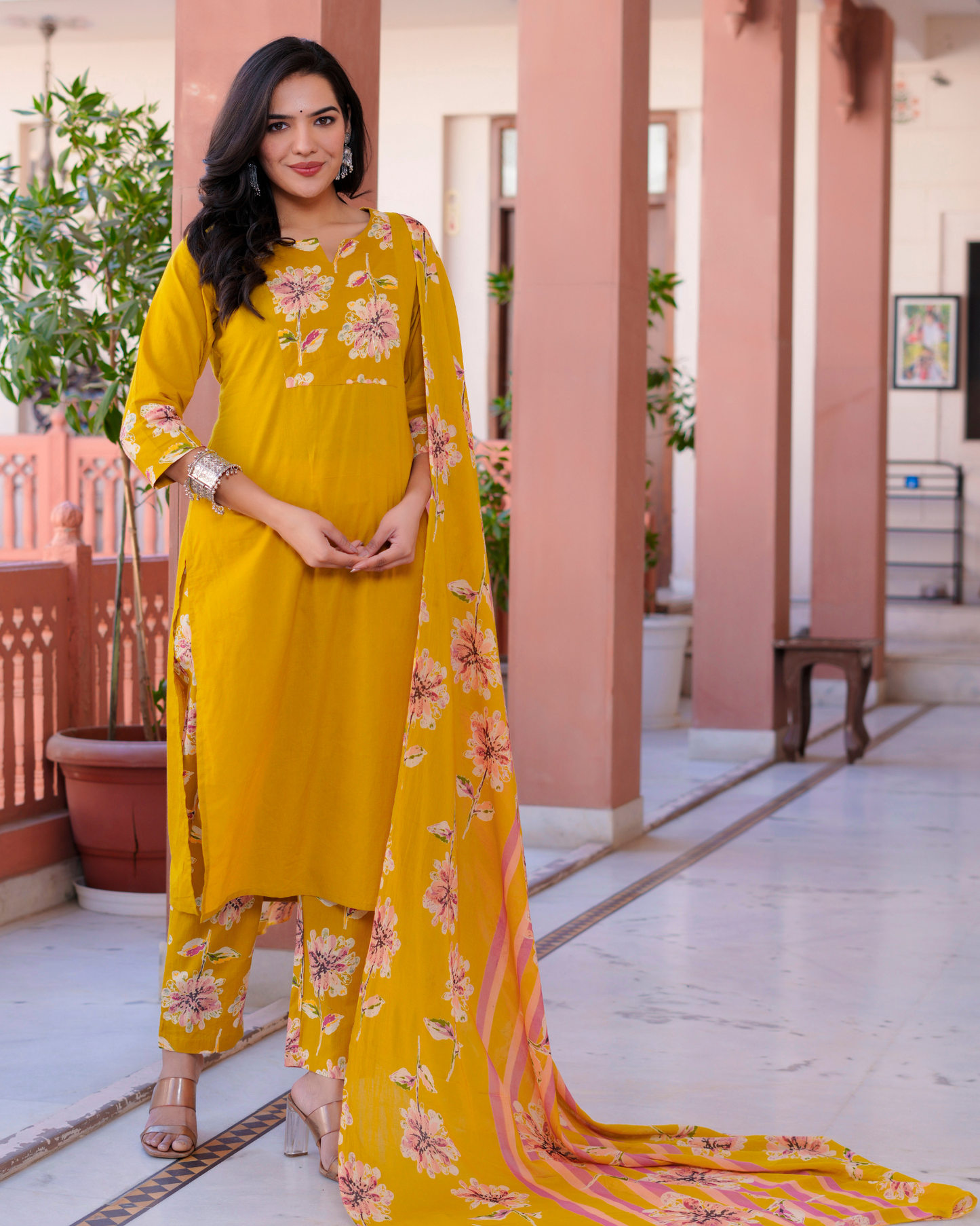 Cotton Printed Straight Mustard Kurta Set With Dupatta