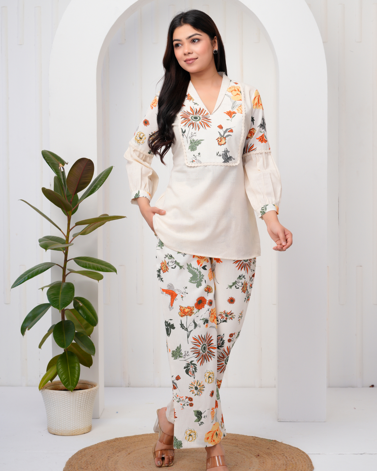 Women's V- Neck, Printed White Co-Ord Set, Night Suit Set