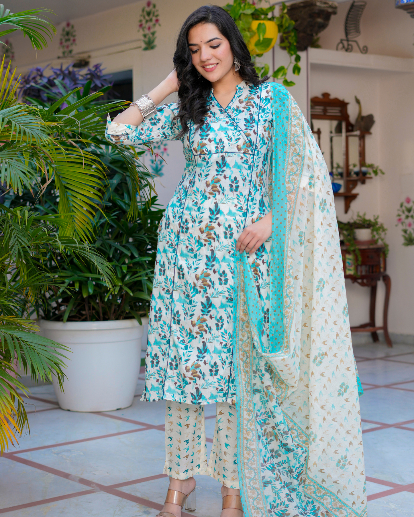 Cotton Printed Straight Blue Kurta Set With Dupatta