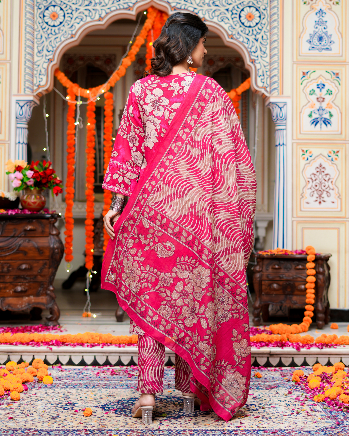 Pink Floral Printed Kurta With Printed Trouser & Dupatta