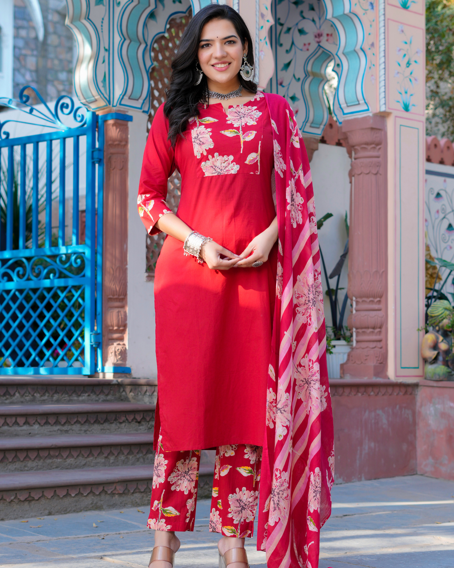 Cotton Printed Straight Maroon Kurta Set With Dupatta