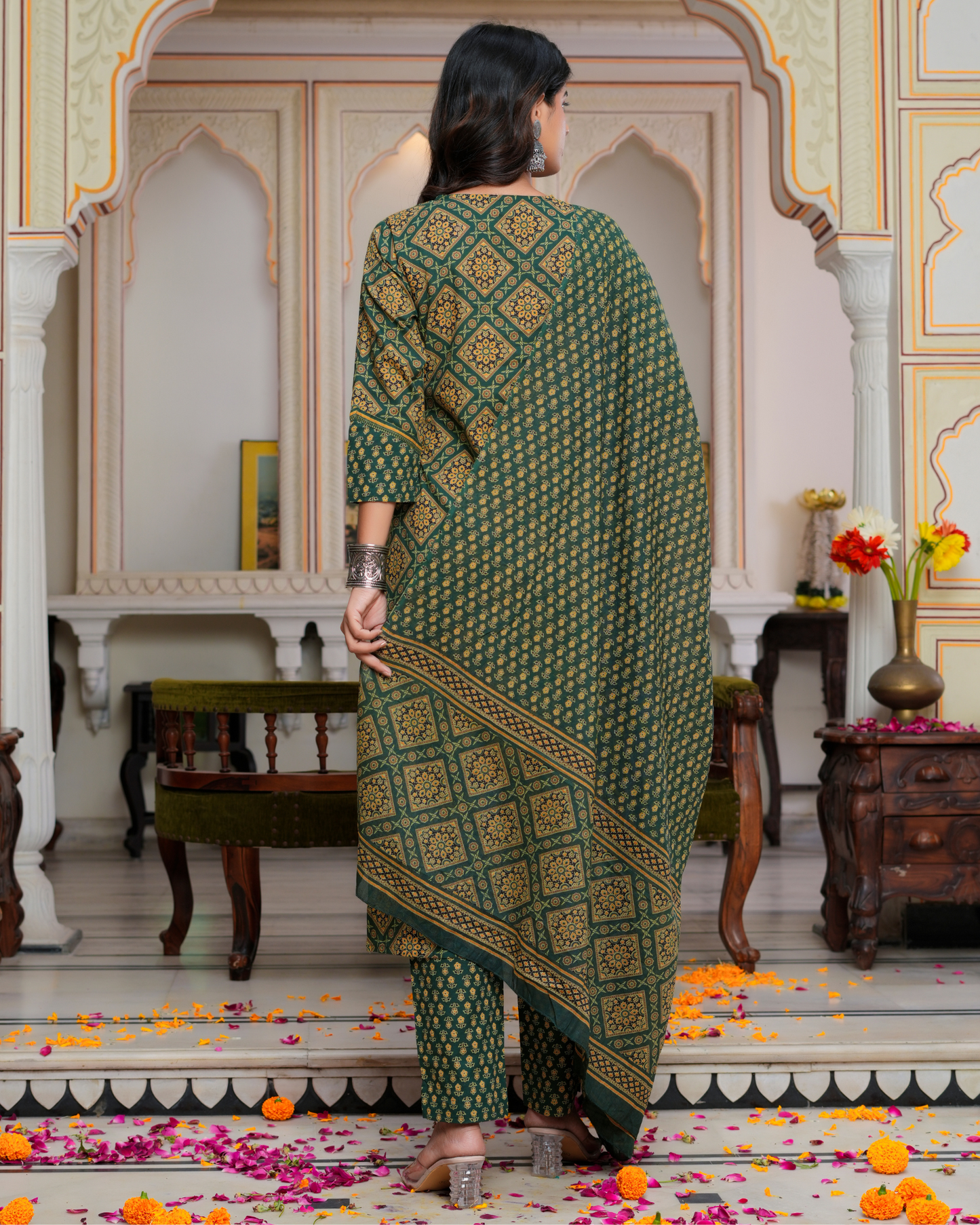 Green Floral Printed Kurta With Printed Trouser & Dupatta