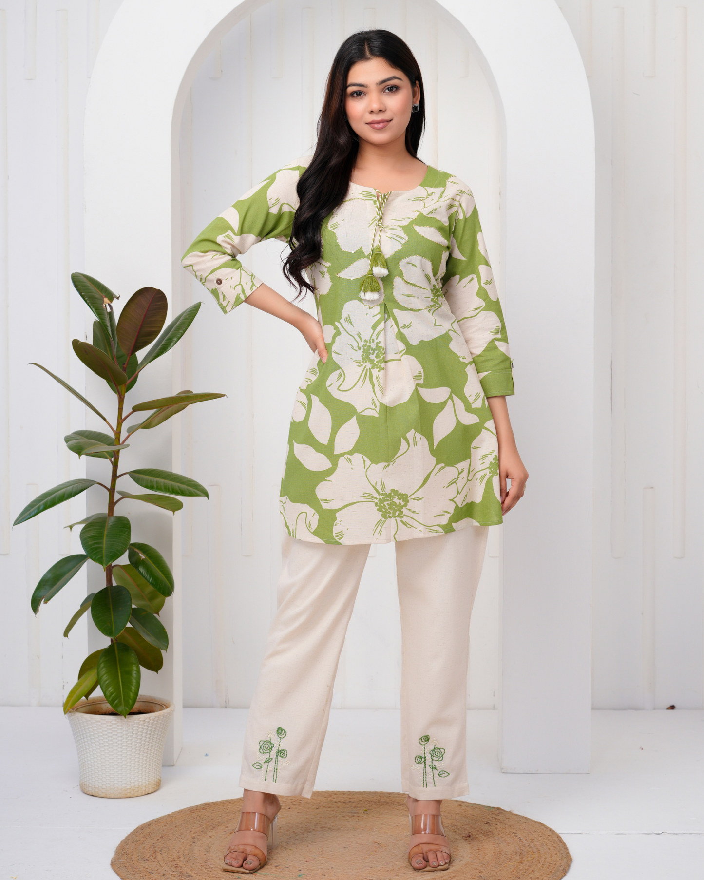 Women's Round Neck, Printed Green Co-Ord Set, Night Suit Set