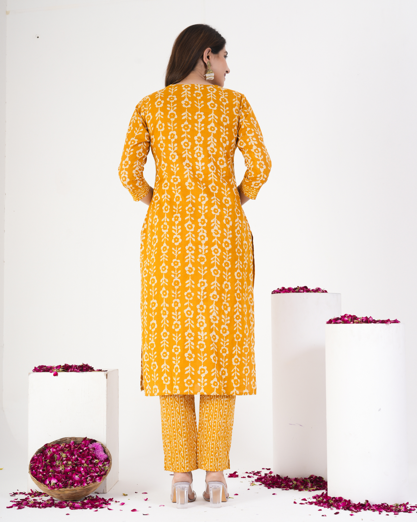 Yellow Floral Printed Kurta With Solid Trousers