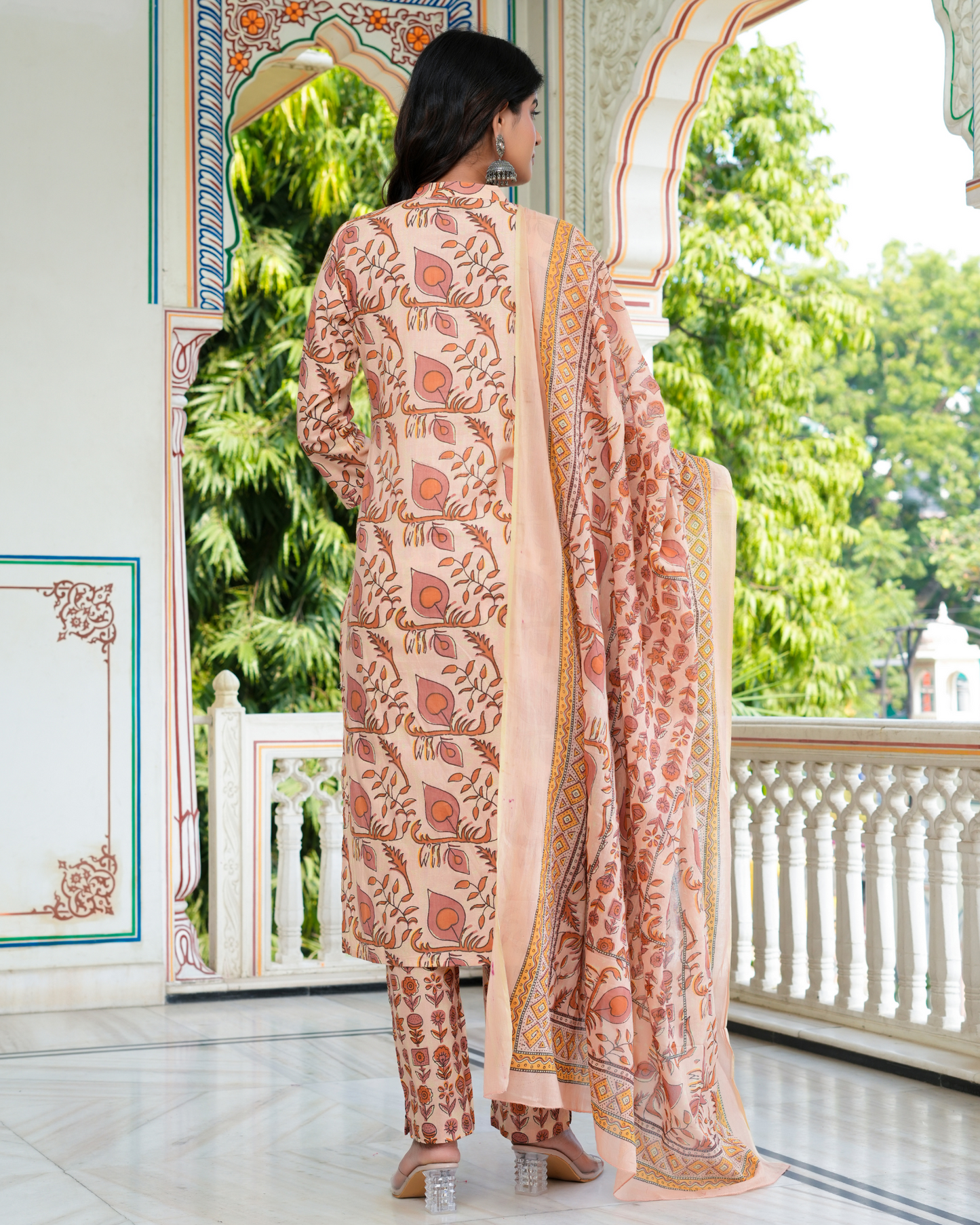 Beige Floral Printed Kurta With Printed Trouser & Dupatta