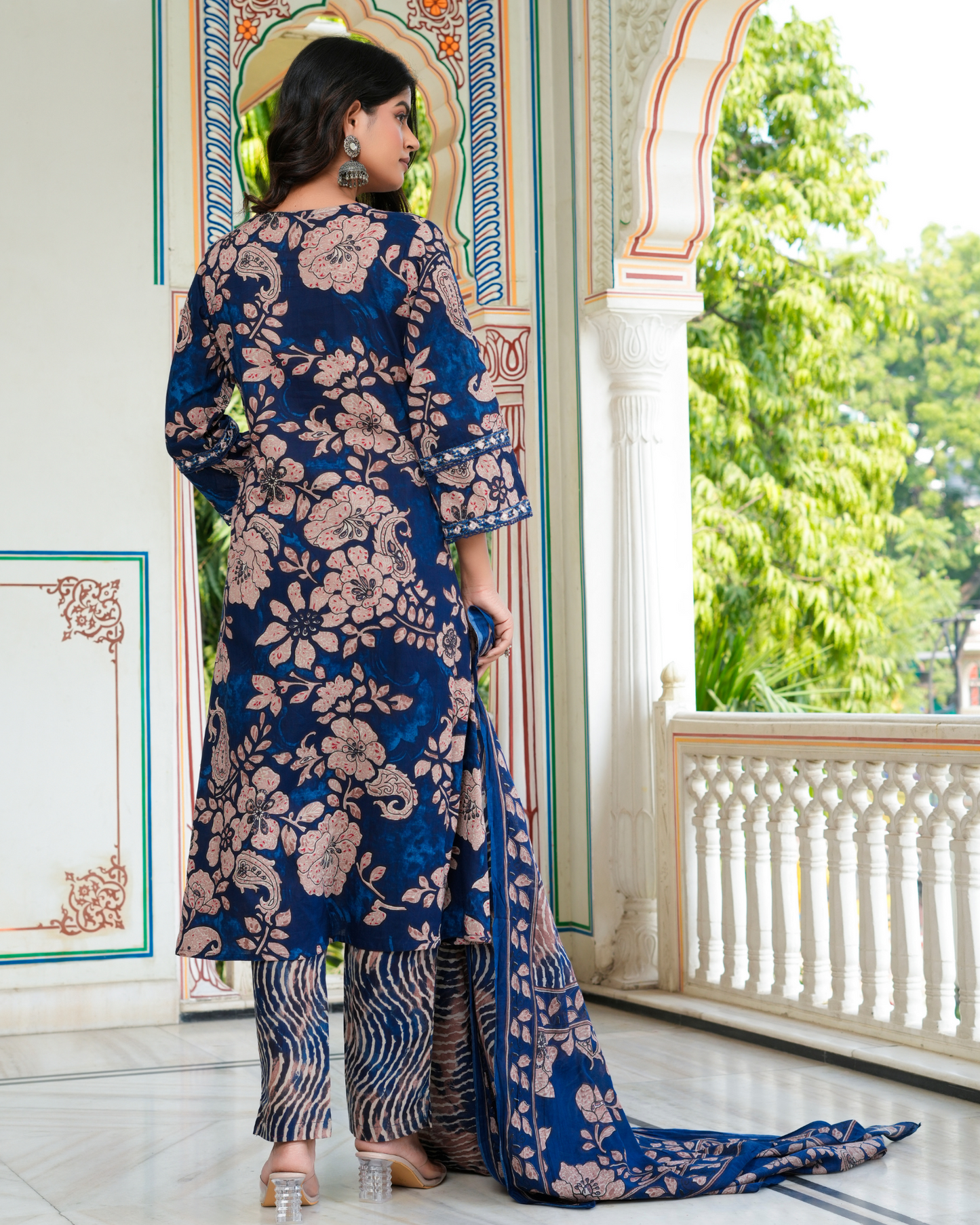 Blue Floral Printed Kurta With Printed Trouser & Dupatta