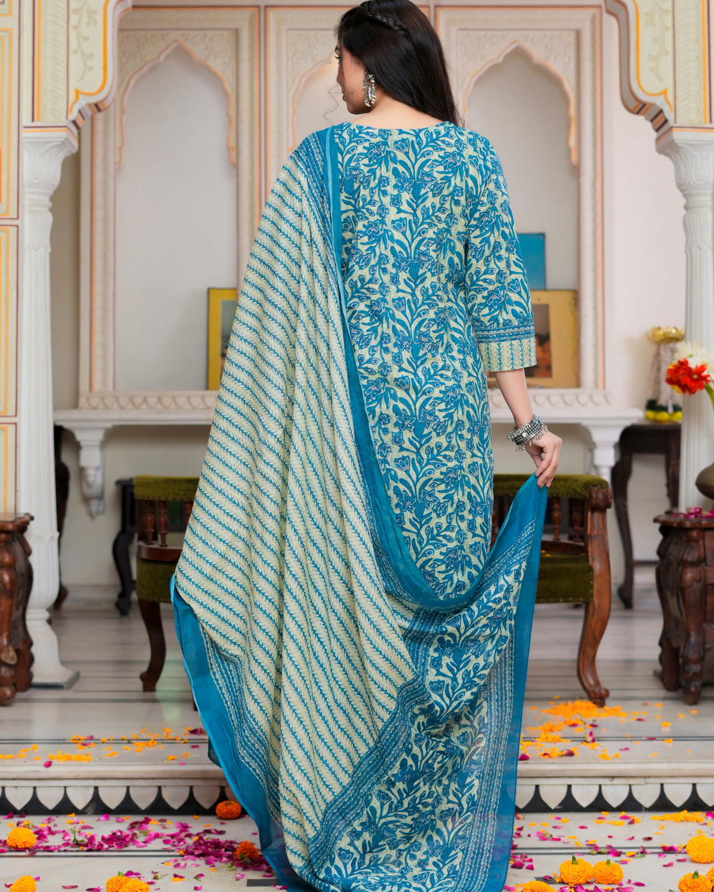 Blue Floral Printed Kurta With Printed Trouser & Dupatta