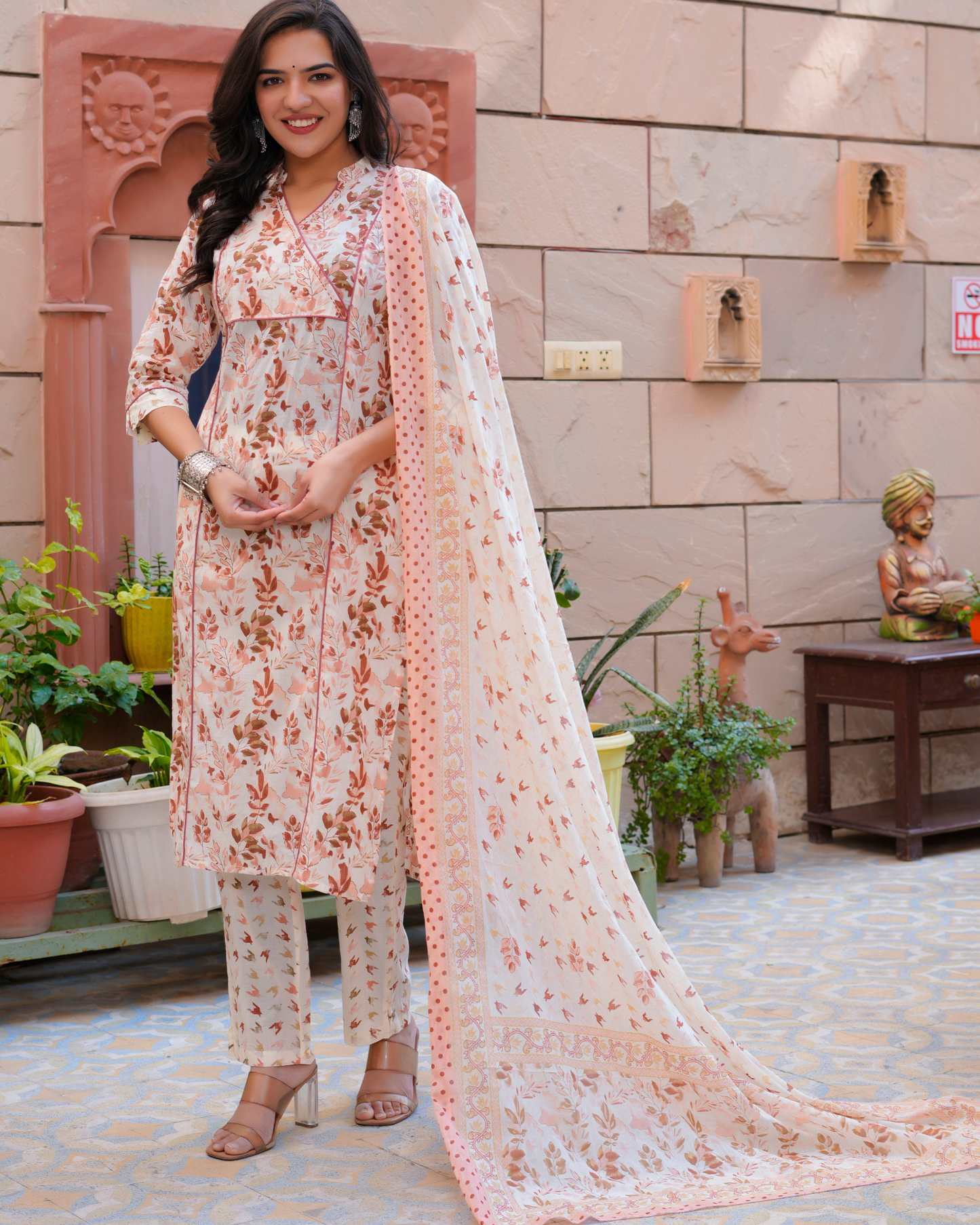 Cotton Printed Straight Orange Kurta Set With Dupatta